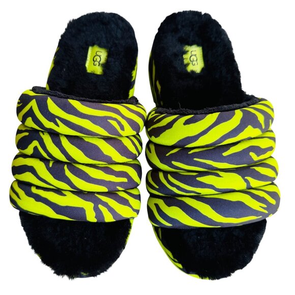 UGG Oh Yeah Slide Shoes Womens Size 8 Fuzzy Sandals Slippers Zebra Neon Green - Picture 7 of 13